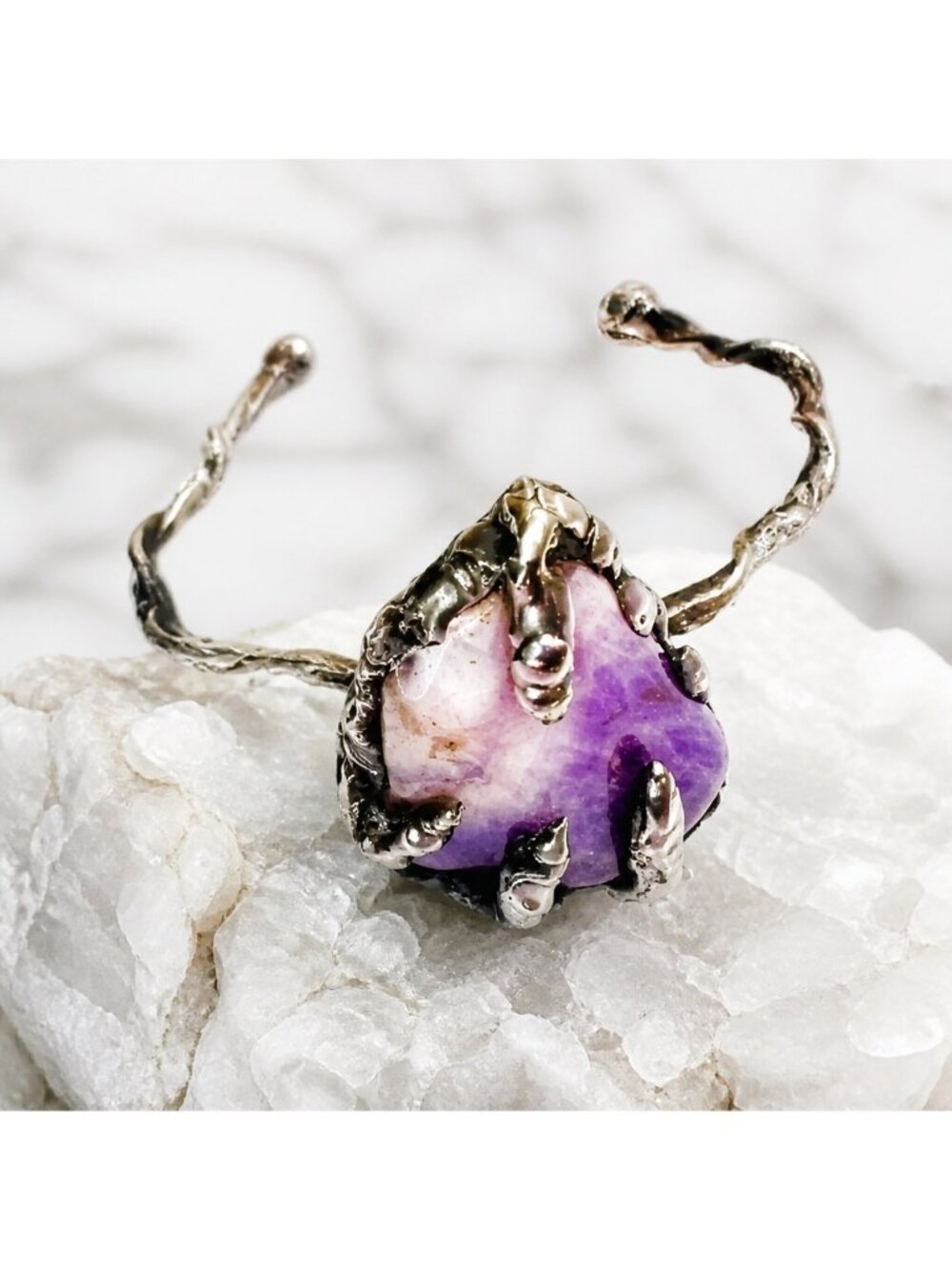 Amethyst Claw Cuff Bracelet - Silver Blend Boho Metalwork | Alma Antigua - Picture 2 of 14